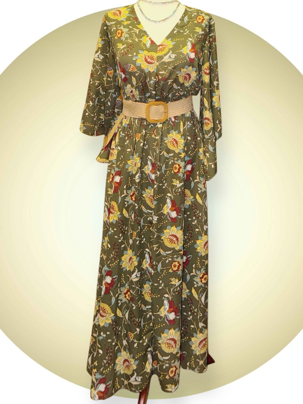 Belle Boho by Kim Gravel Smocked Waist Dress Olive Floral Fall Harvest - Picture 10 of 10